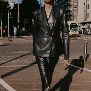 FAUX LEATHER DOUBLE-BREASTED BLAZER