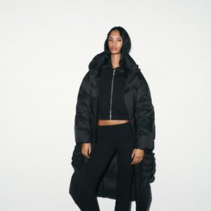 LONG FEATHER AND DOWN PUFFER JACKET WITH HOOD AND GLOVES, WATER REPELLENT
