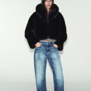 SHORT FAUX FUR COAT WITH LAPEL COLLAR