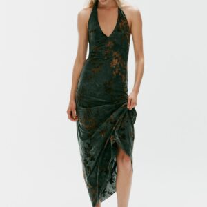 FLOCKED HALTER NECK LONG DRESS