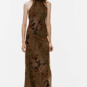 LONG FLOCKED HALTERNECK DRESS WITH FOULARD DETAIL
