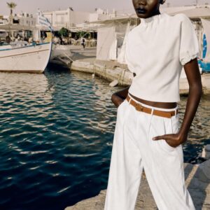 LINEN BLEND BELTED TROUSERS