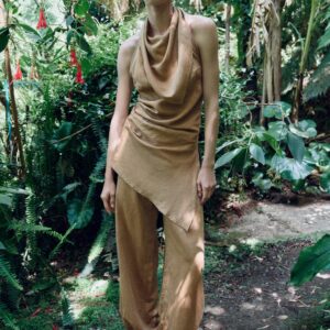 LINEN BLEND ASYMMETRIC HALTER TOP