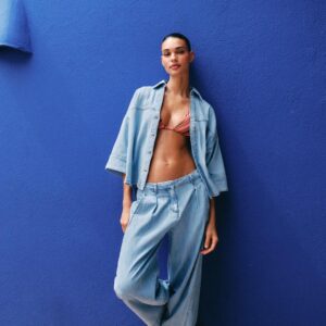 Z1975 WIDE-LEG JEANS AND SHIRT SET WITH PLEATS - MID-BLUE