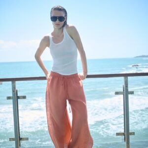 100% LINEN TROUSERS WITH VENTS ZW COLLECTION - CORAL