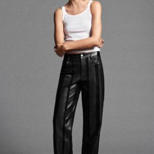ZW COLLECTION 100% LEATHER STRIPED TROUSERS