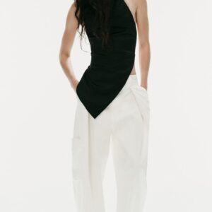 ASYMMETRIC SATIN HALTER TOP - BLACK