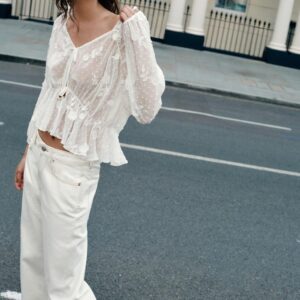 DOTTED MESH EMBROIDERED BLOUSE