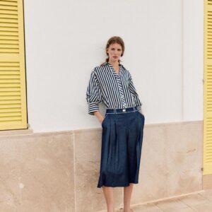 STRIPED LINEN BLEND PUFF SLEEVE SHIRT