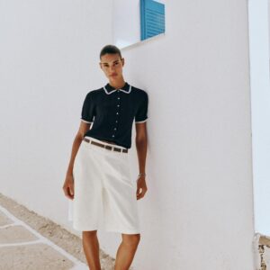 SHORT-SLEEVE LACE-TRIM POLO CARDIGAN