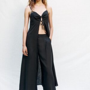 STRAIGHT LINEN BLEND TROUSERS WITH LACE TRIM