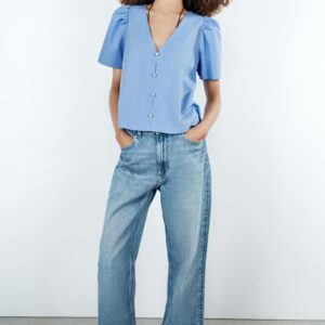 POPLIN TOP WITH FAUX PEARL BUTTONS