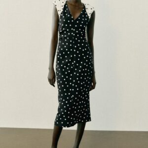 POLKA DOT MIDI DRESS WITH SHOULDER PADS