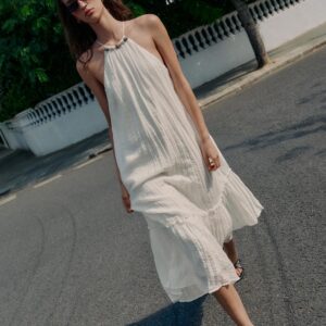 BEADED CRINKLE-EFFECT MIDI DRESS