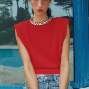 JEWEL-NECK TOP WITH SHOULDER PADS