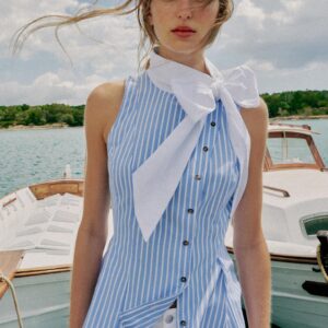 STRIPED TIE-NECK SLEEVELESS SHIRT
