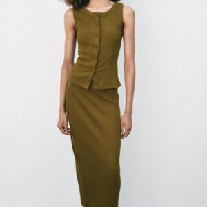 RIBBED VEST AND SKIRT SET - OLIVE GREEN