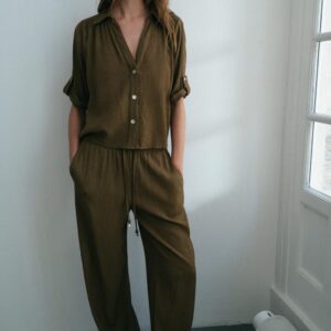SHORT SLEEVE SHIRT AND STRAIGHT FLOWING TROUSERS SET - OLIVE GREEN