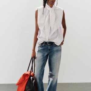 STRIPED SHIRT WITH TIE DETAIL AND SHOULDER PADS