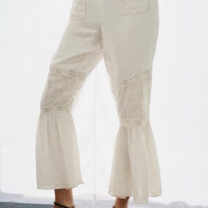 TROUSERS WITH FLORAL EMBROIDERED LACE TRIM