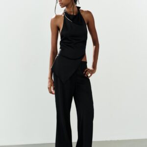SATIN TOP WITH BOW AND SATIN TROUSERS WITH DRAWSTRINGS - BLACK