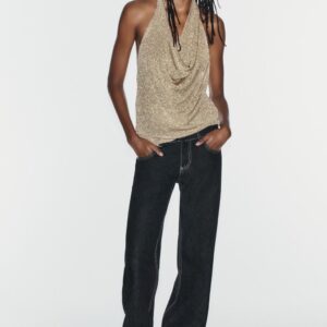 METALLIC THREAD HALTER KNIT TOP