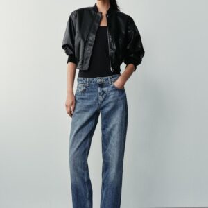 FAUX LEATHER BOMBER JACKET WITH SHOULDER PADS