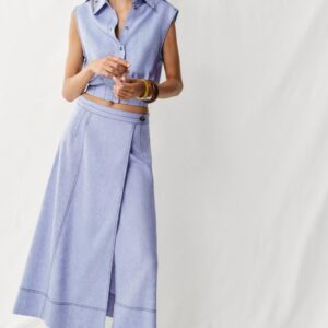 LINEN BLEND WRAP SKIRT WITH TOPSTITCHING