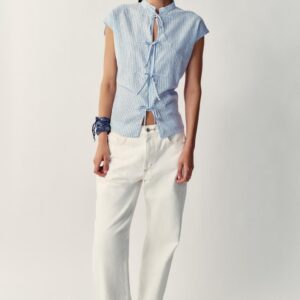 METALLIC THREAD STRIPED BLOUSE WITH BOWS