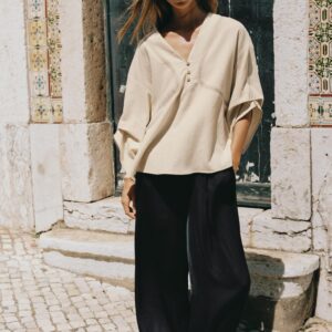 OVERSIZE LINEN BLEND SHIRT WITH CONTRAST TOPSTITCHING