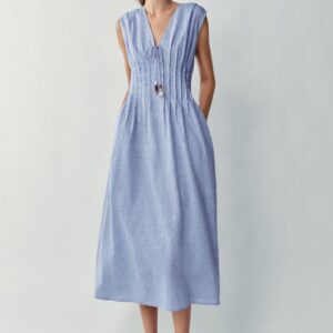 LINEN BLEND PINTUCK MIDI DRESS