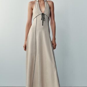 LINEN BLEND DRESS WITH CONTRAST TRIMS