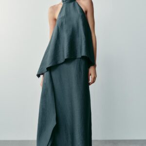LINEN BLEND HALTER MIDI DRESS