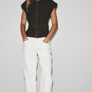 CONTRAST BELTED TOPSTITCH TOP
