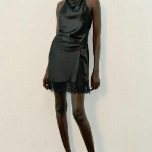 SATIN HALTER DRESS WITH LACE