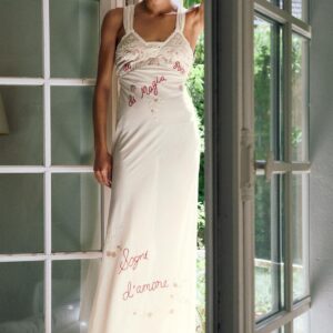 EMBROIDERED FLORAL AND TEXT DRESS WITH BEADS