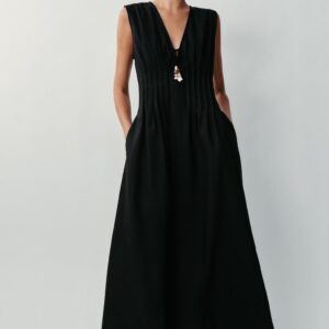 LINEN BLEND MIDI DRESS WITH PIN TUCKS