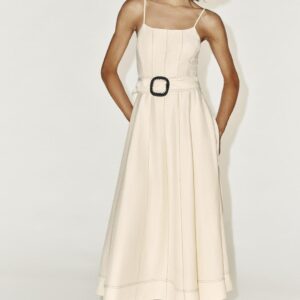 LINEN BLEND MIDI DRESS WITH CONTRAST STITCHING