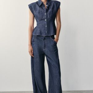 LINEN BLEND PEPLUM SHIRT WITH SHOULDER PADS