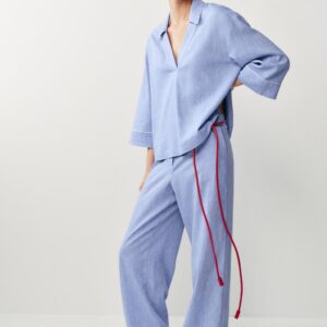 TROUSERS WITH LINEN AND CONTRASTING TRIM - LIGHT BLUE