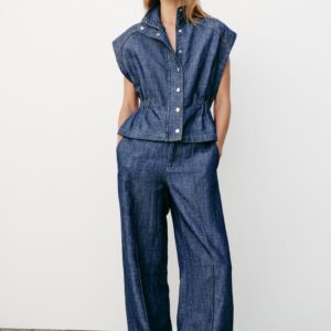 LINEN BLEND VEST AND STRAIGHT TROUSERS SET - INDIGO