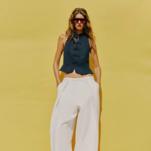 LINEN BLEND PEPLUM TOP WITH FROG FASTENING