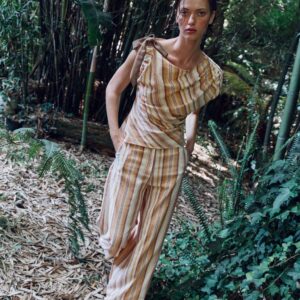STRIPED LINEN BLEND WIDE-LEG TROUSERS