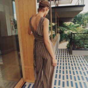 STRIPED BELTED JUMPSUIT