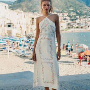PRINTED LINEN BLEND MIDI DRESS