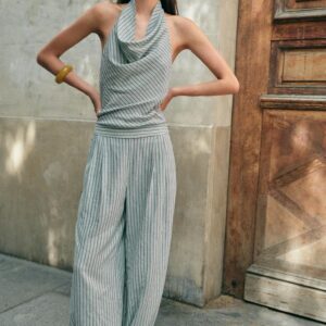STRIPED LINEN BLEND SAROUEL JUMPSUIT