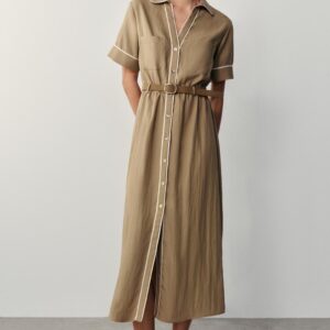 MIDI DRESS WITH CONTRAST TRIMS AND BELT