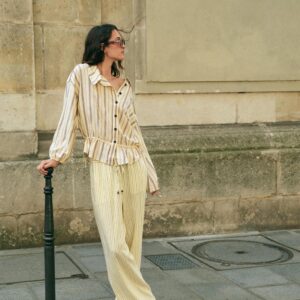 STRIPED LINEN BLEND JACKET AND TROUSER SUIT - YELLOW