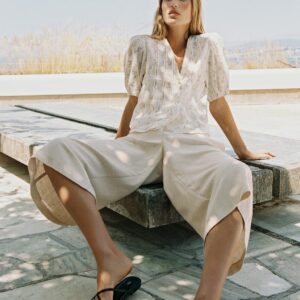 LONG LINEN BLEND LACE TRIM BERMUDA SHORTS