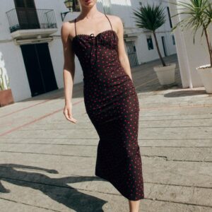 LINEN BLEND POLKA DOT MIDI DRESS